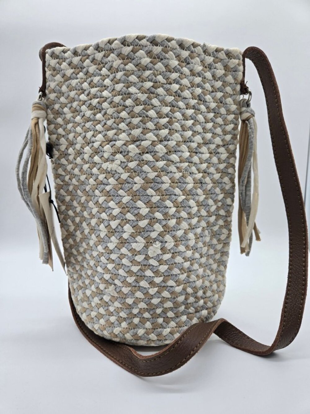 NWT Indaba Handwoven Cotton Bucket Bag Cream Tan Leather Crossbody Boho Bag